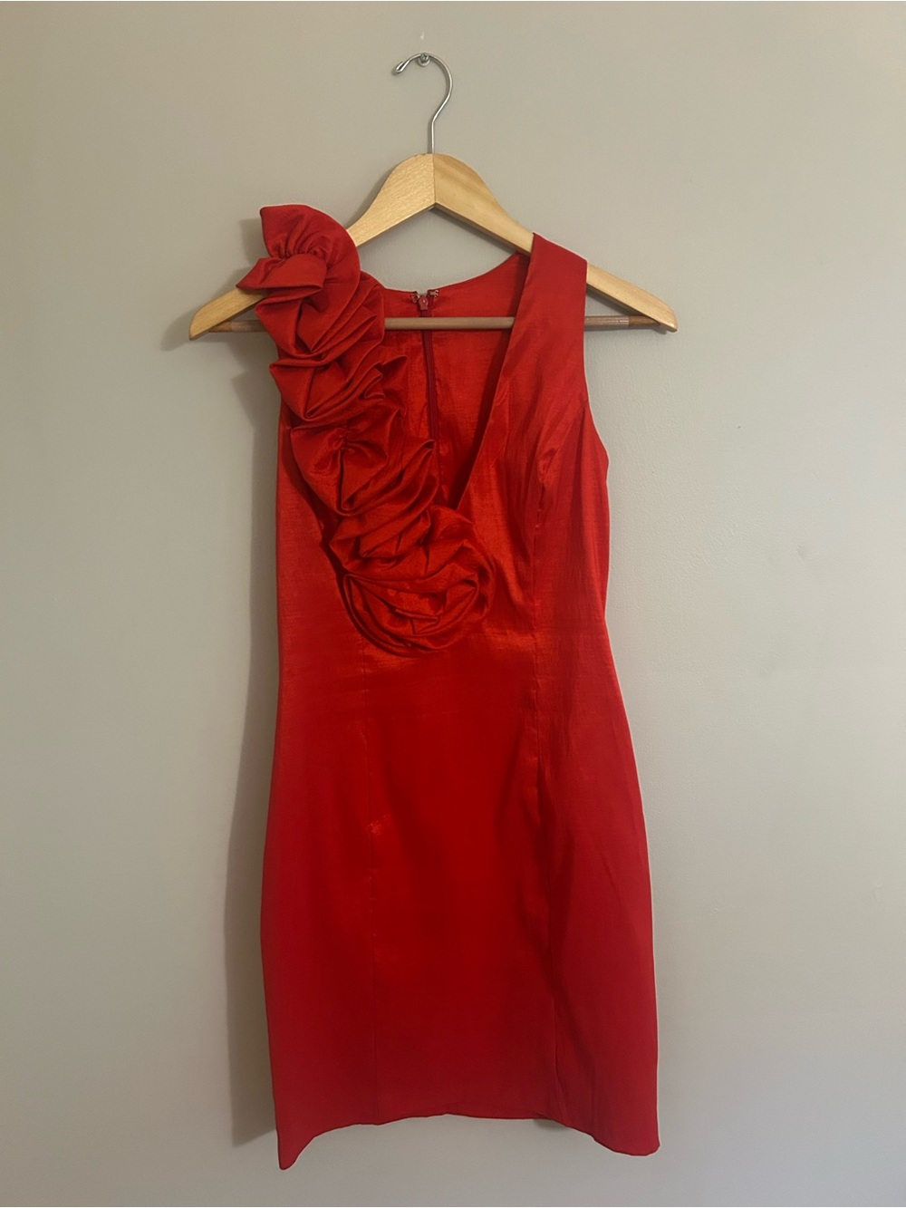 Cache Red One-Shoulder Ruffle Midi Dress